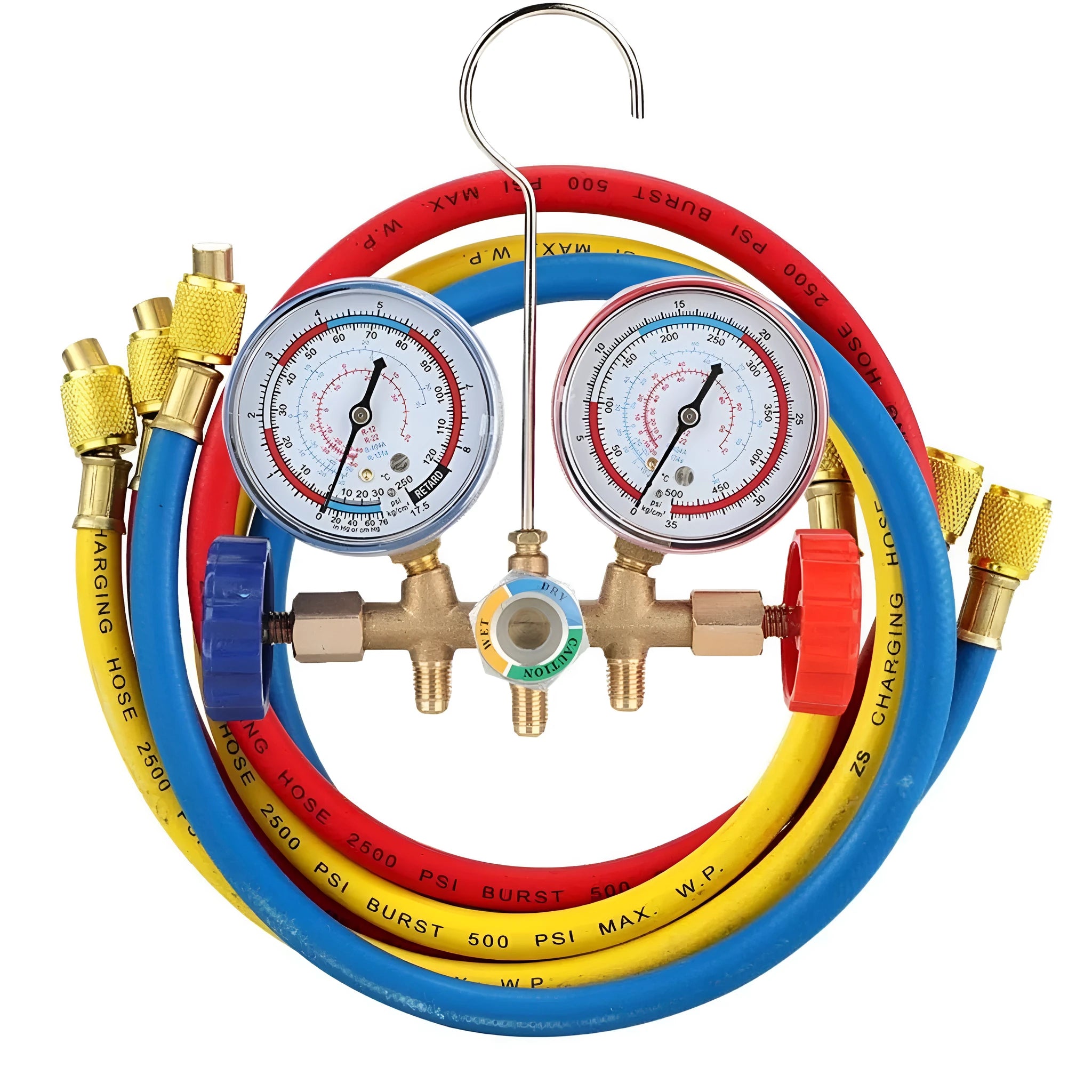 Refrigerant instrument cluster with yellow and red colour-coded hoses, brass manifold, and hook for automotive AC service