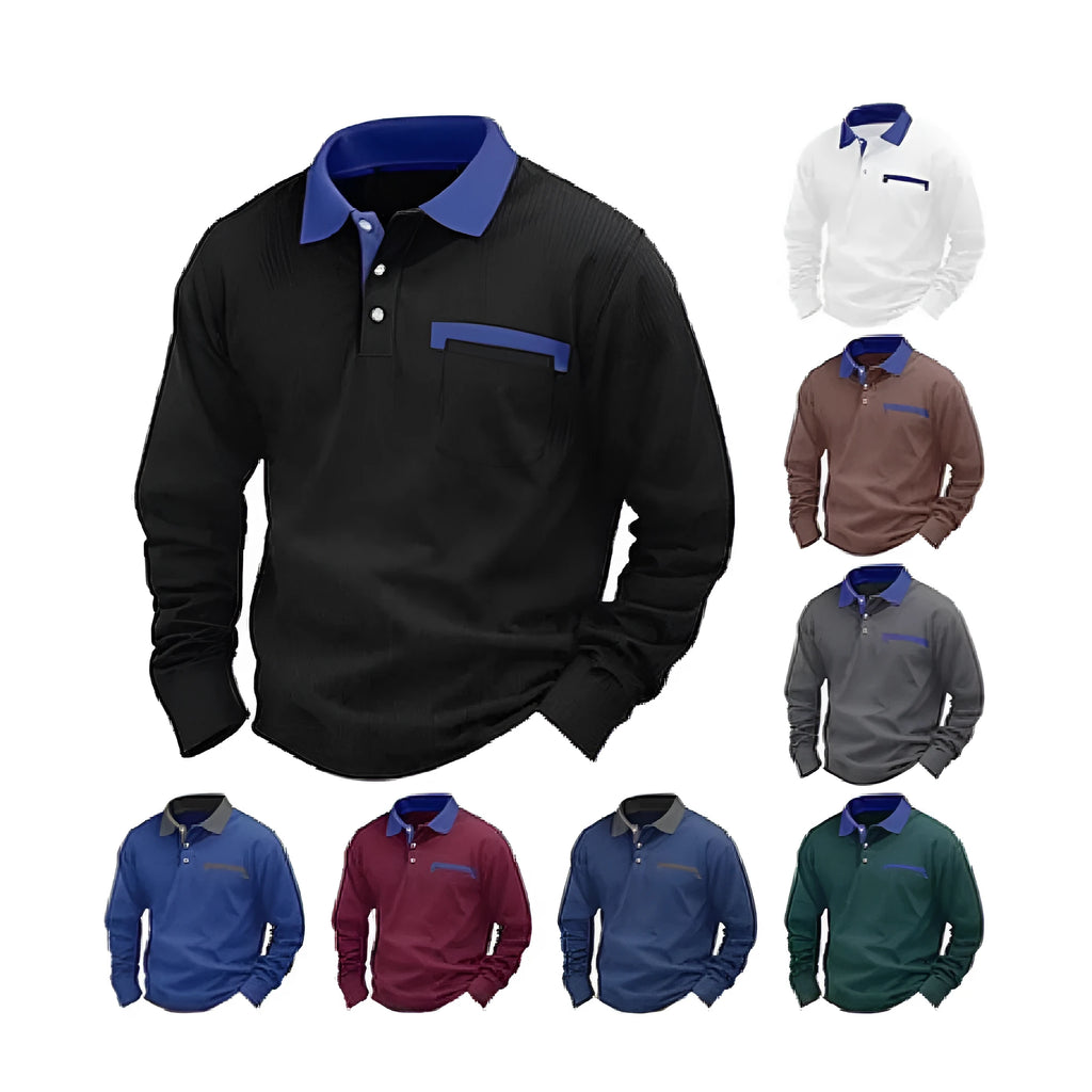 Man wearing a dark grey long-sleeved waffle-texture polo shirt with an asymmetric design detail.