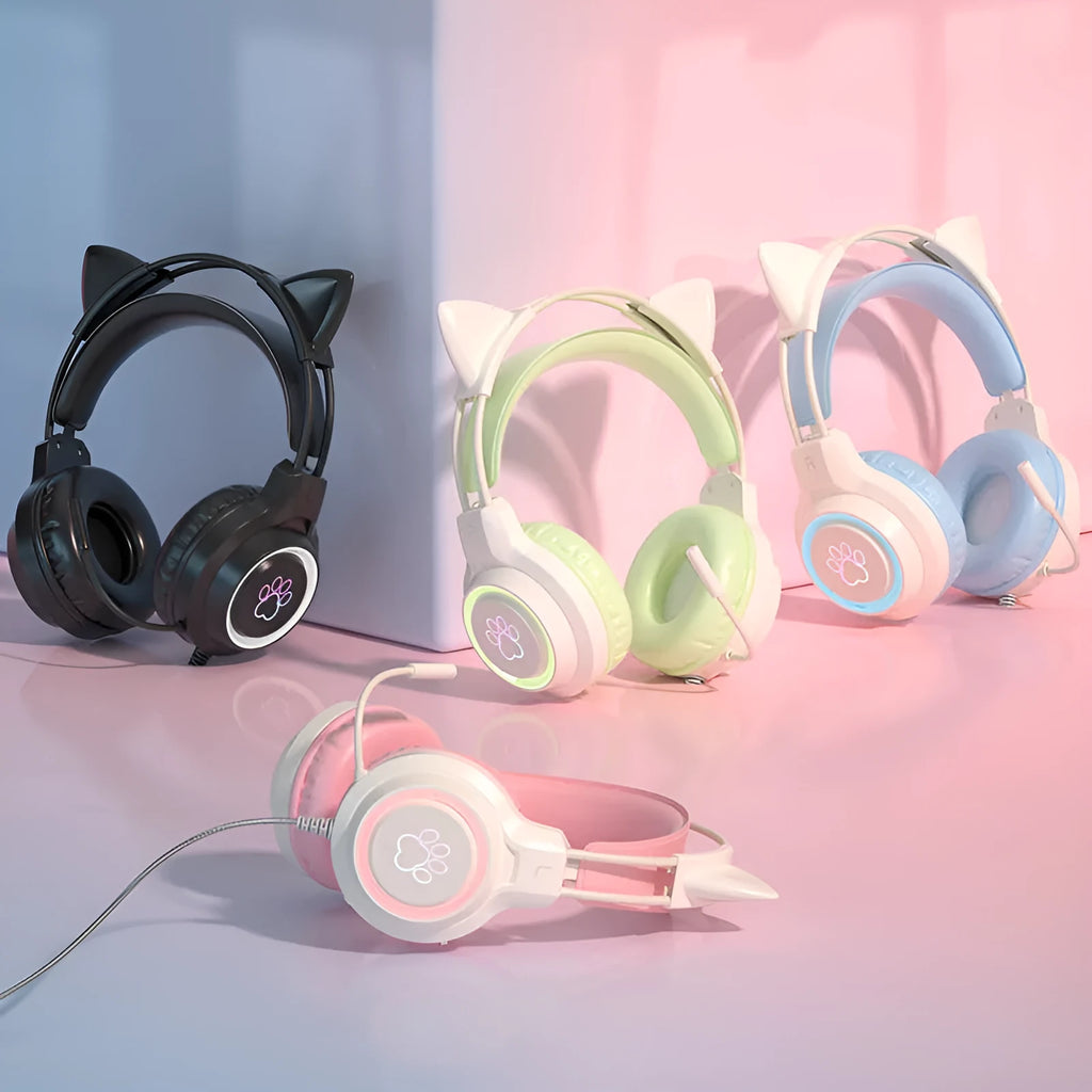 Pink cat ear glow esports headphones with protein cotton earmuffs and woven cable on a black background