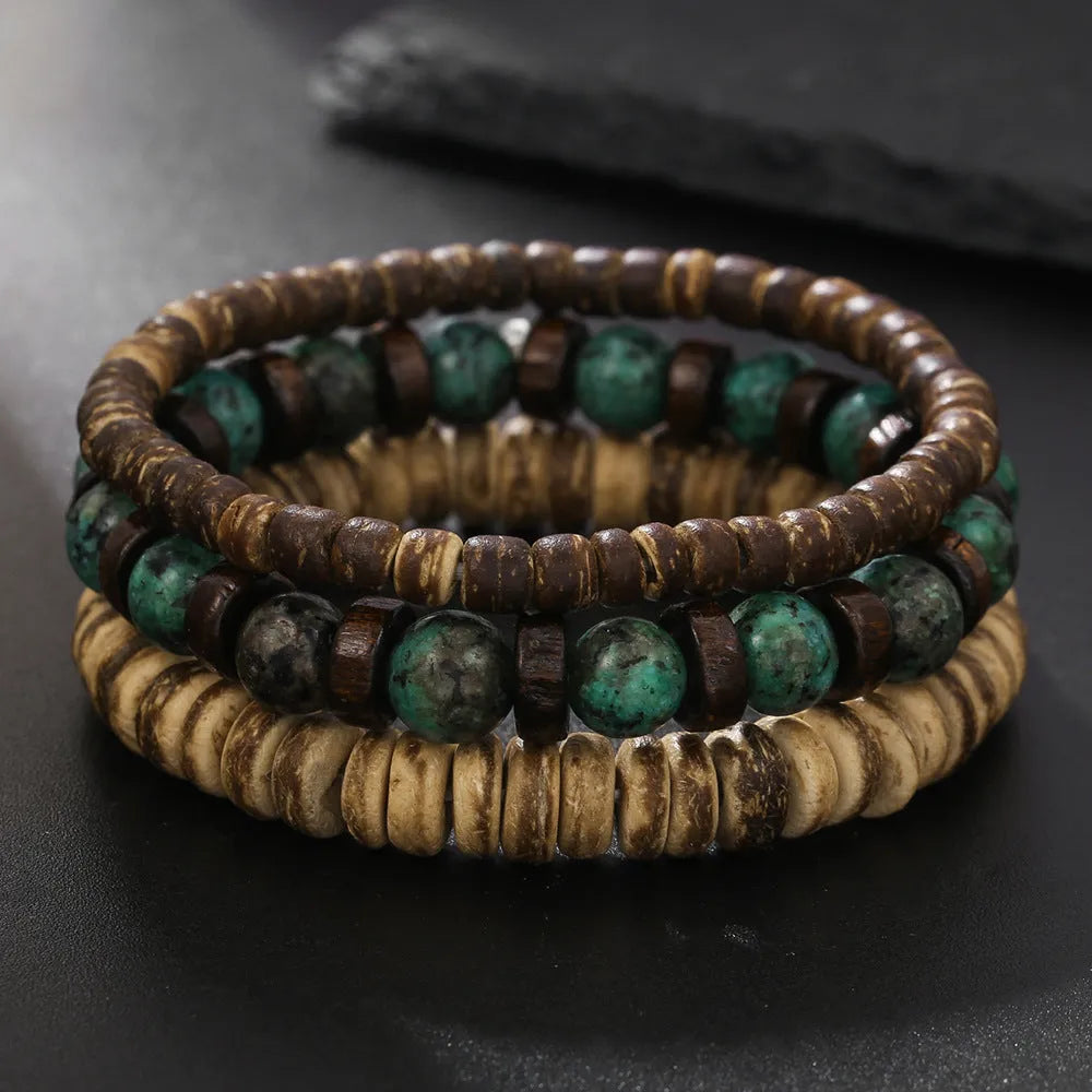 Retro men's coconut wood multi-layer stackable bracelet set with round beads