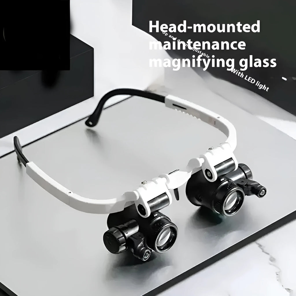 White head mounted magnifying glass with 30x optical glass lens, folded to 85mm for storage