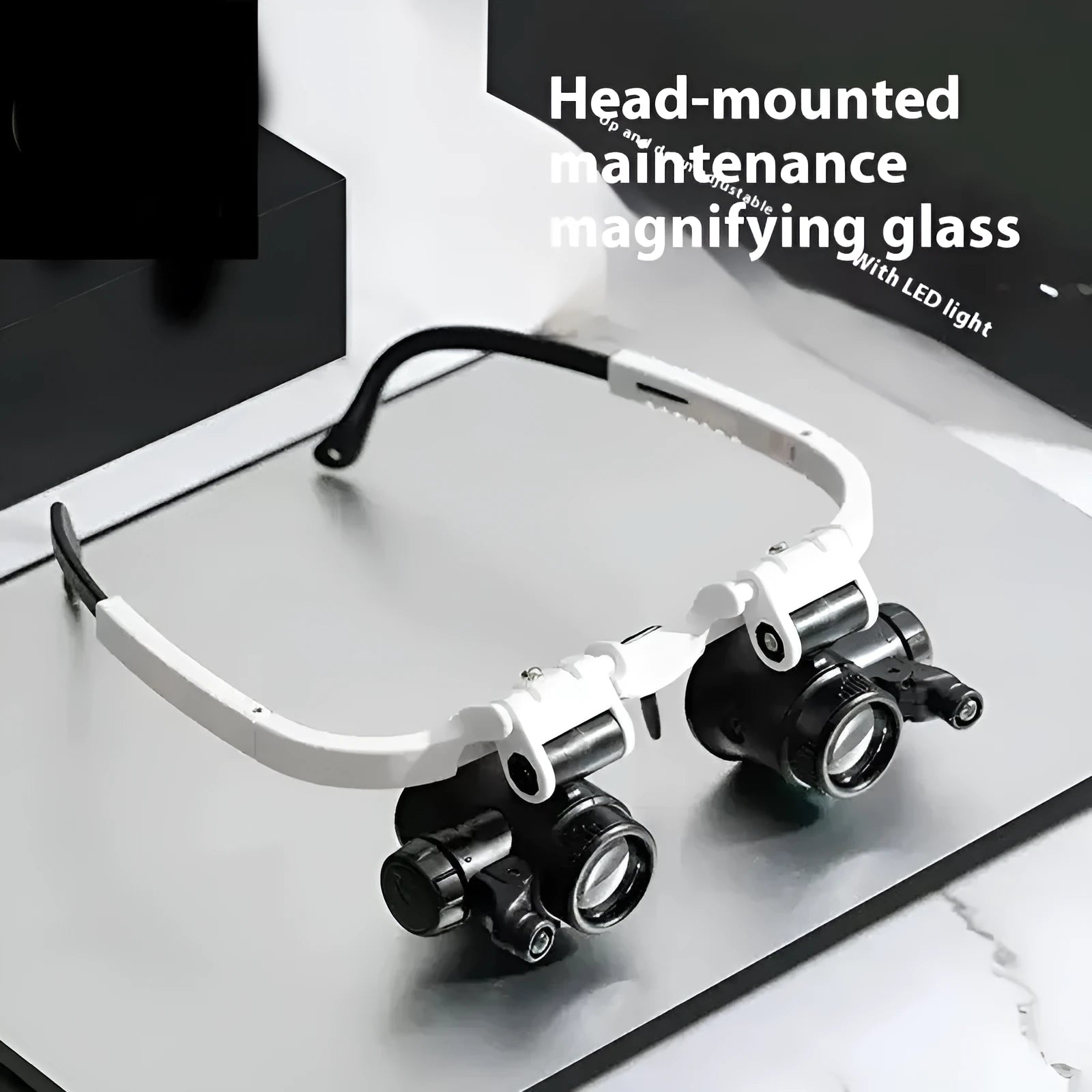 White head mounted magnifying glass with 30x optical glass lens, folded to 85mm for storage