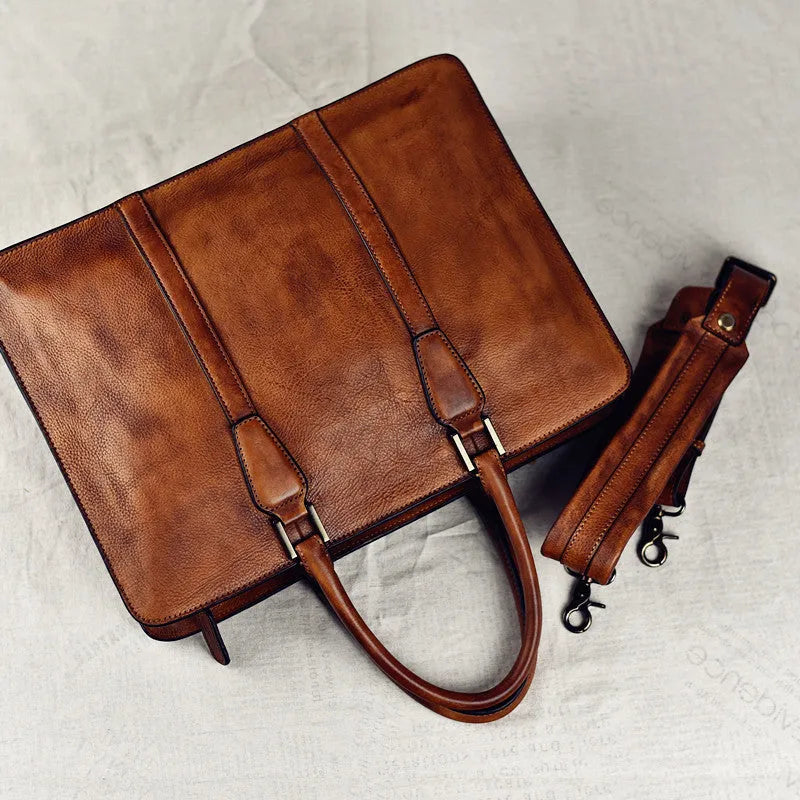 Men's 14-inch horizontal leather business handbag in khaki and black colours