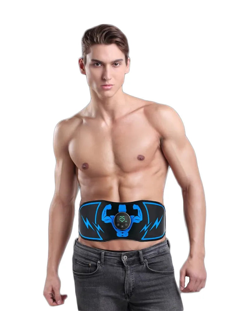 Blue EMS abdominal muscle stimulator belt with wireless remote control and adhesive arm stickers