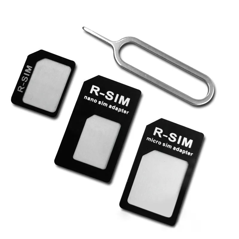 SIM Restore four-in-one adapter kit showing three plastic SIM converters and a metal ejector pin.