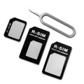 SIM Restore four-in-one adapter kit showing three plastic SIM converters and a metal ejector pin.