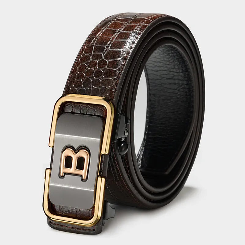 Automatic buckle belt with zinc alloy button head, PVC face, cowhide bottom, 3.3cm width, black or coffee colour