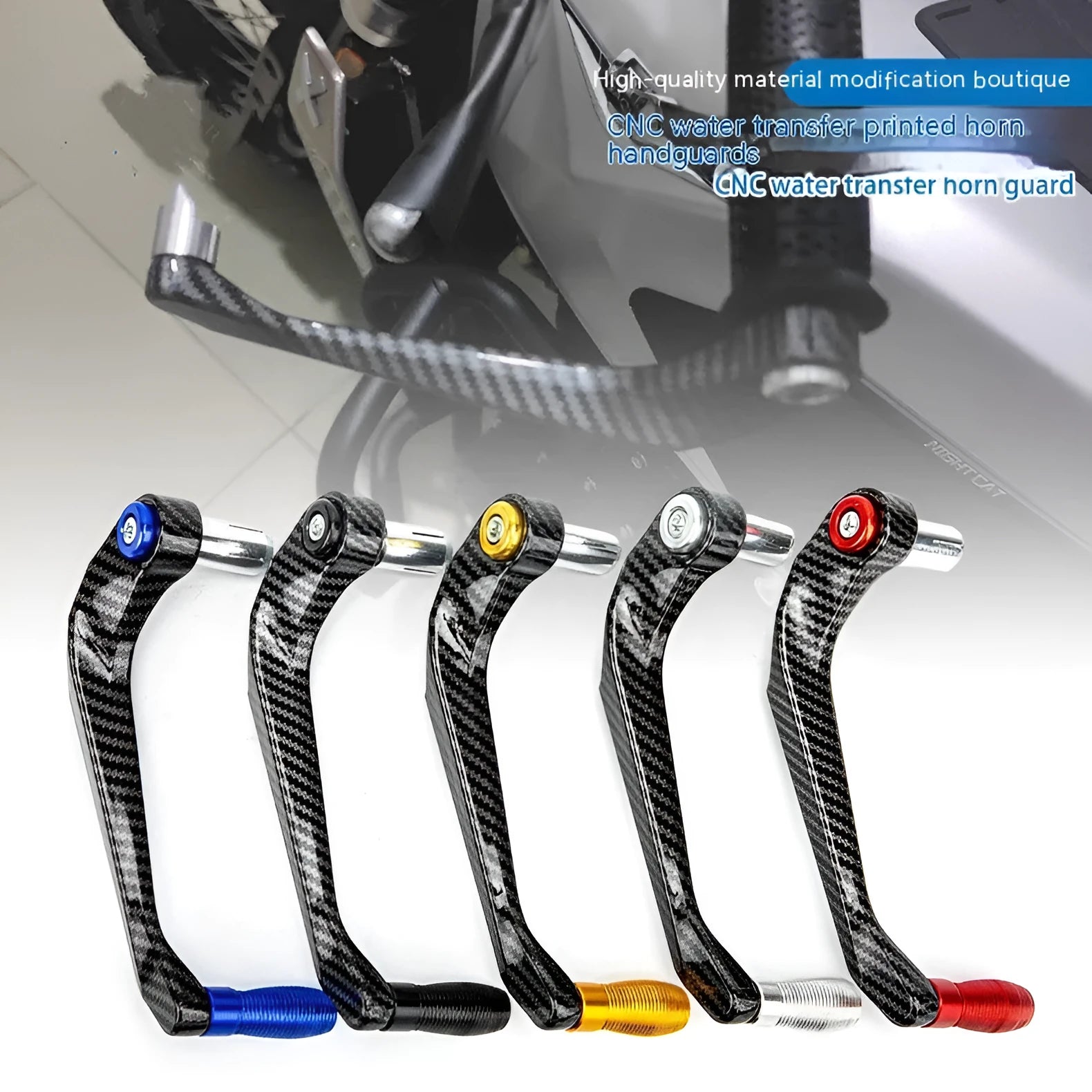 Aluminium motorcycle hand guards with water transfer printed pattern in multiple colour options