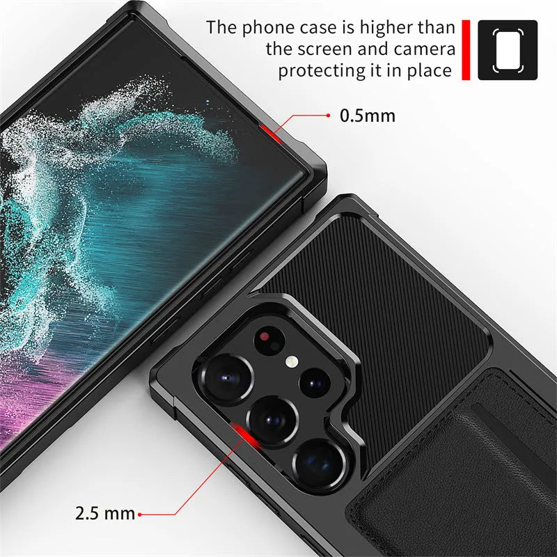 Black TPU PC phone case with card slot for Samsung, showing back with card inserted