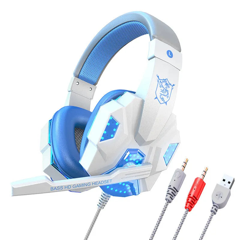 Gaming Headset for PC Computer Laptop USB Wired Over-Ear Headphones with Tanned Leather Earpads 40mm Speakers 2.2m Cable Black and Blue Desktop Notebook Esports Audio Video
