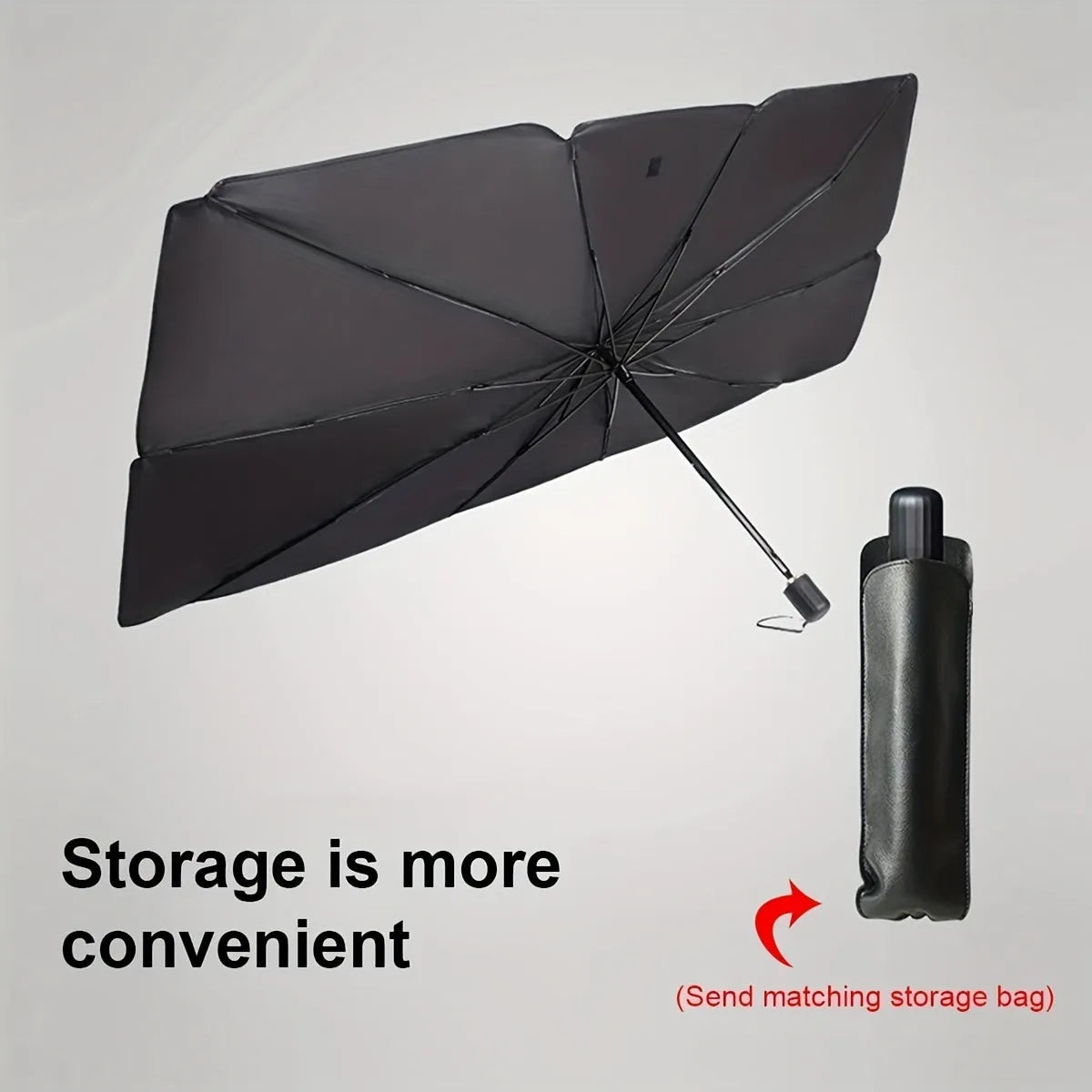Foldable car windshield sunshade umbrella shown open and folded with automatic rebound button