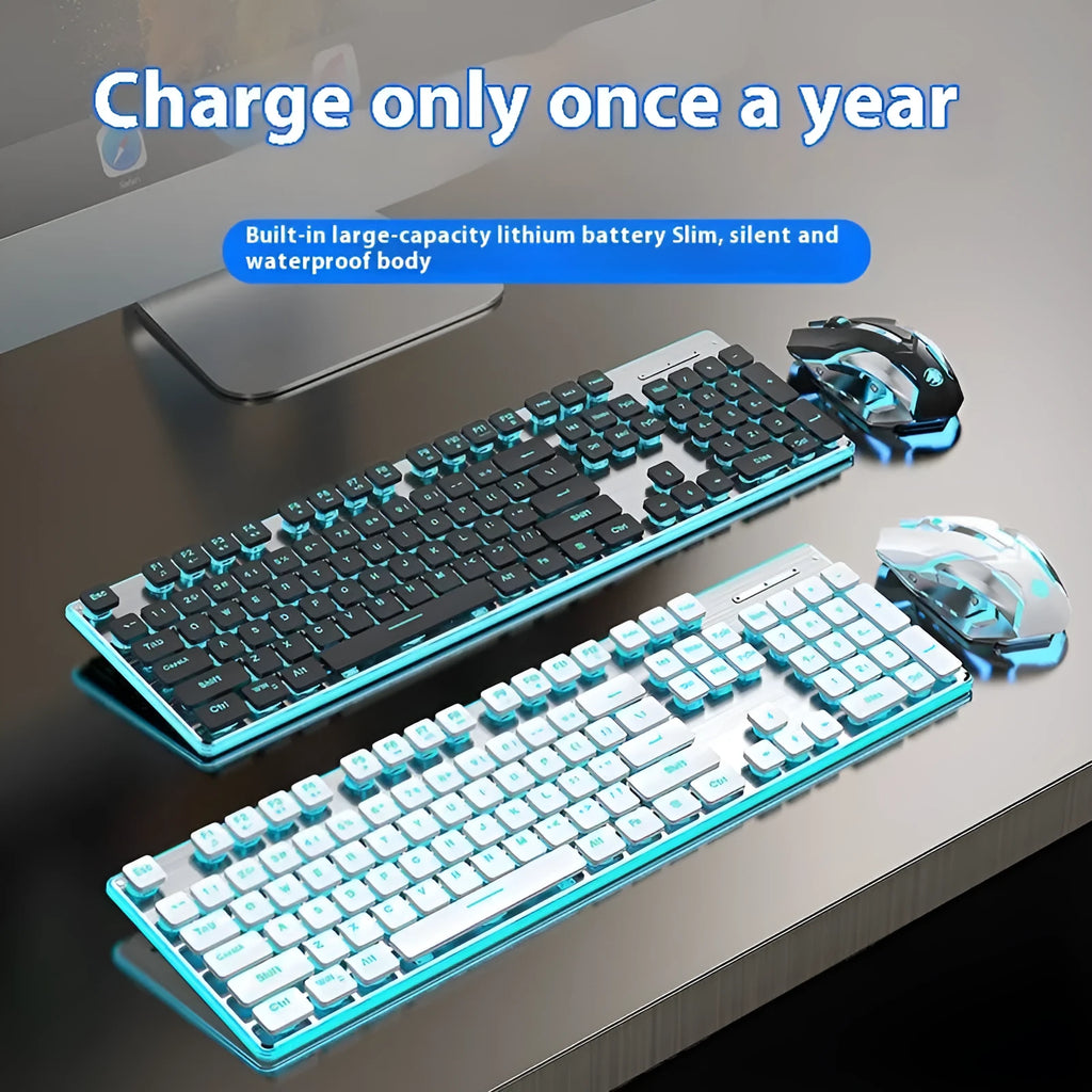 Wireless mute Bluetooth keyboard in pink or white on a desk next to a phone.