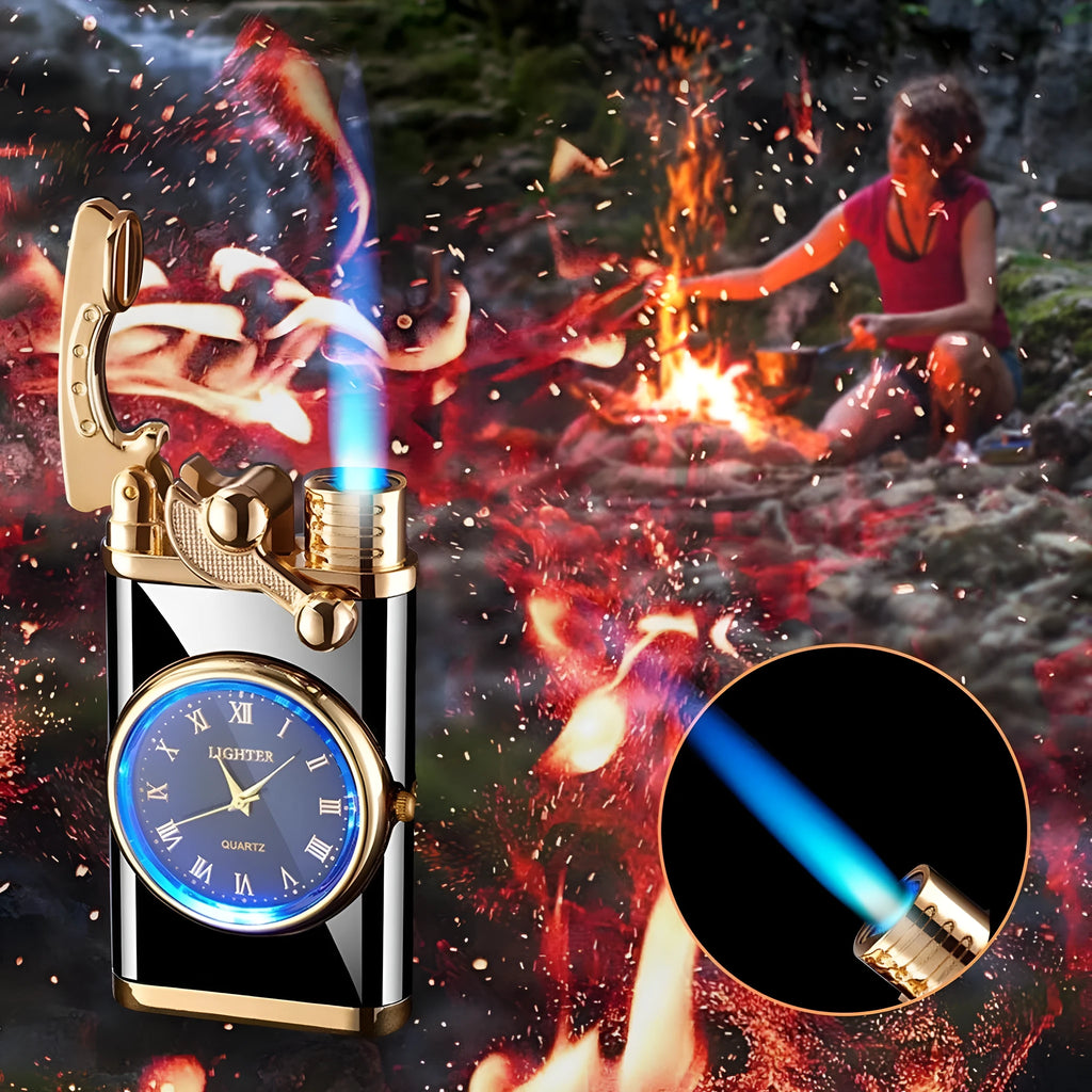 Men's watch-style lighter with digital dial showing time and adjustable blue flame emerging from top.
