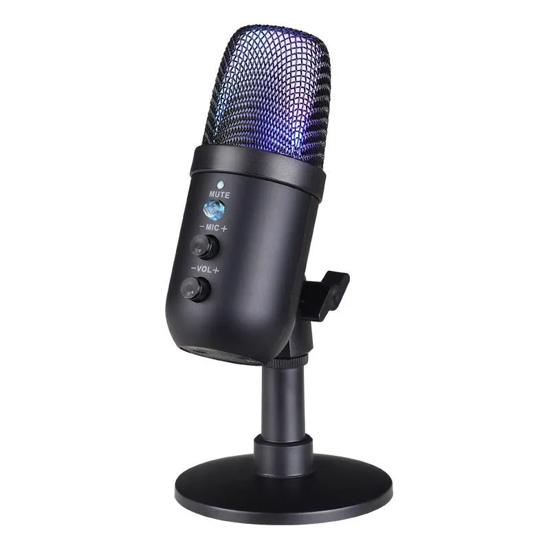 Black USB microphone with RGB lighting ring for computer and mobile streaming