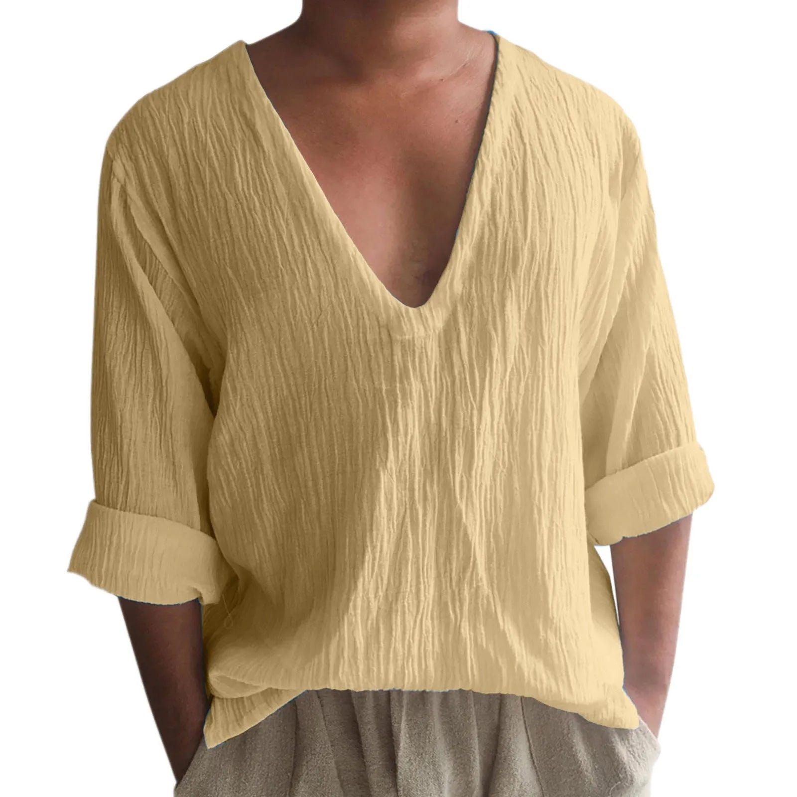 Man modelling a long sleeve V-neck T-shirt in washed cotton, available in multiple solid colours.