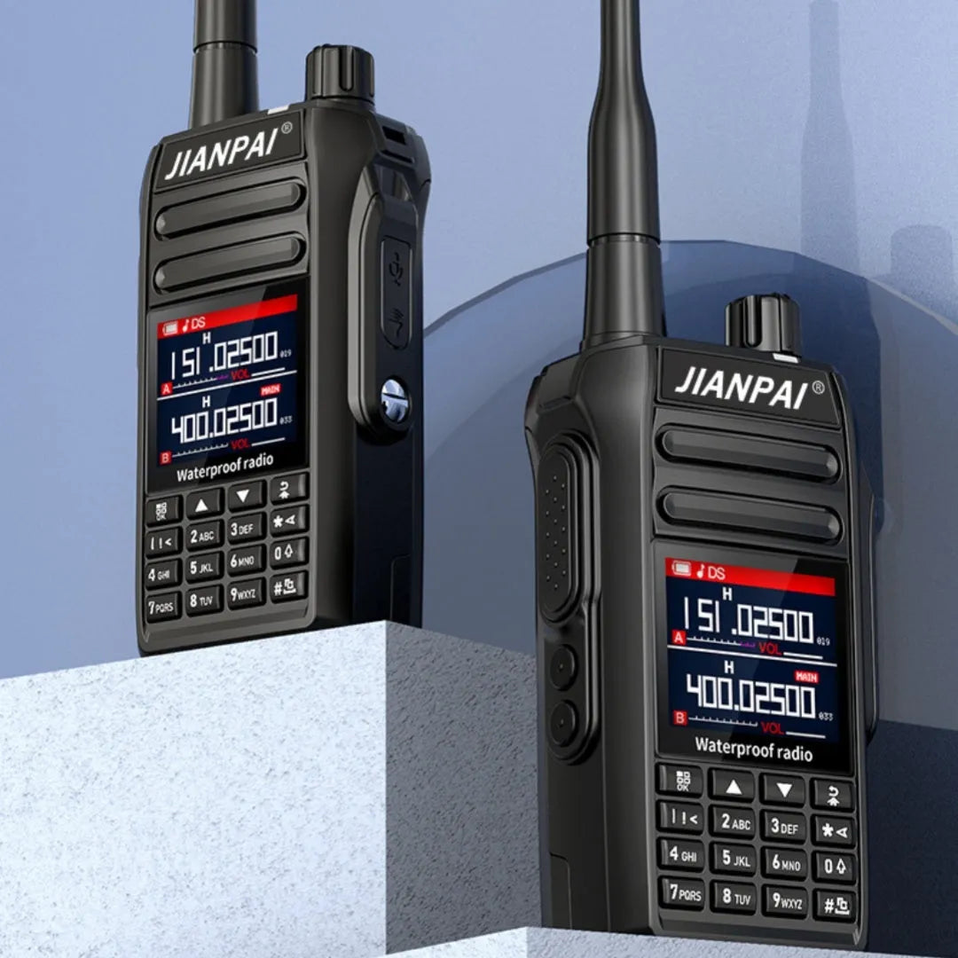 Black Interphone waterproof aviation full band radio headset with plastic shell and included accessories on a table.
