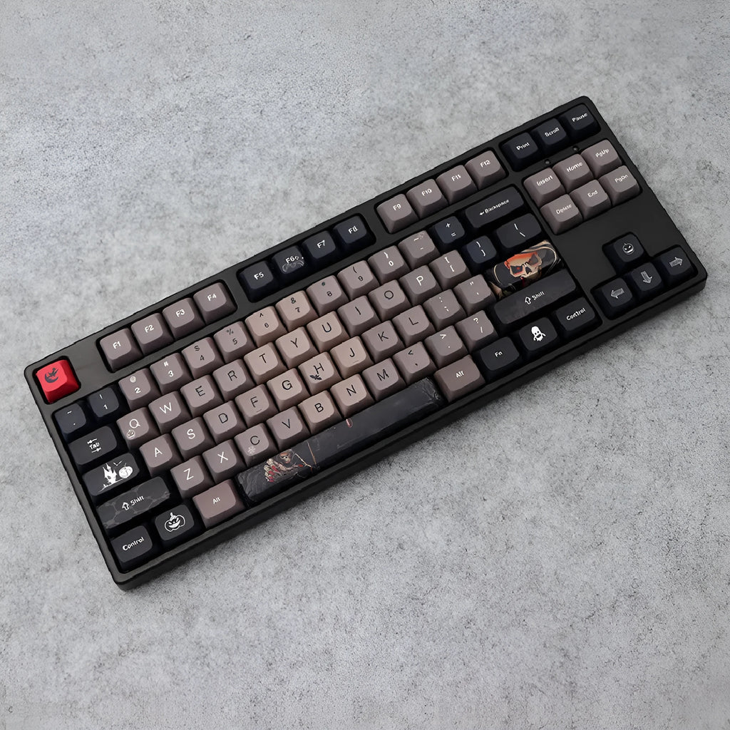 Five-sided sublimation PBT key cap set with Halloween theme in US layout showing 137 keys