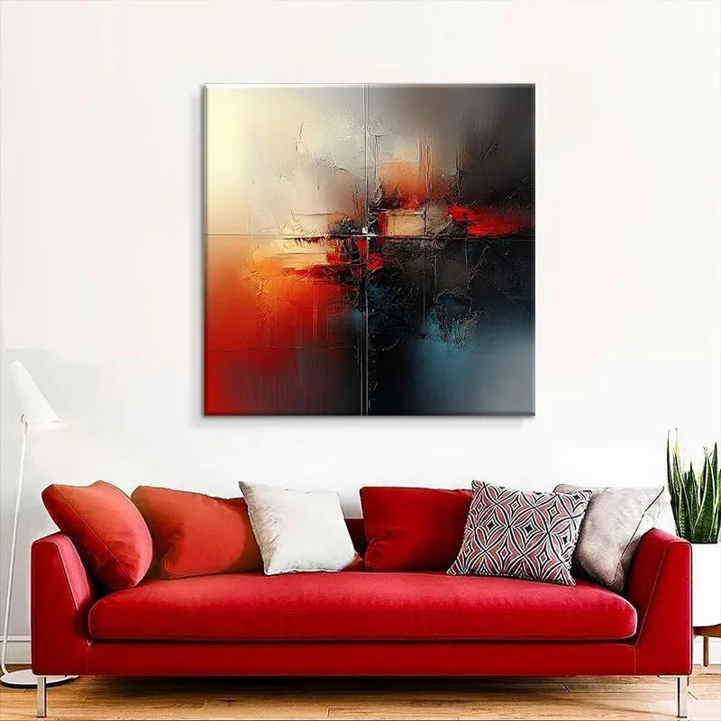 Handmade abstract oil painting on canvas in red tones, frameless rolled wall art for home decor