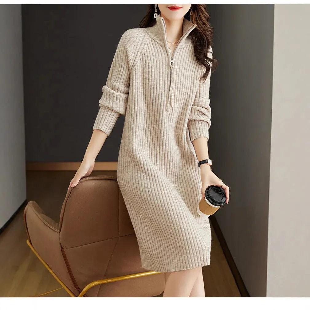 Half zip casual woolen skirt with stand collar and wide waist in straight dress silhouette