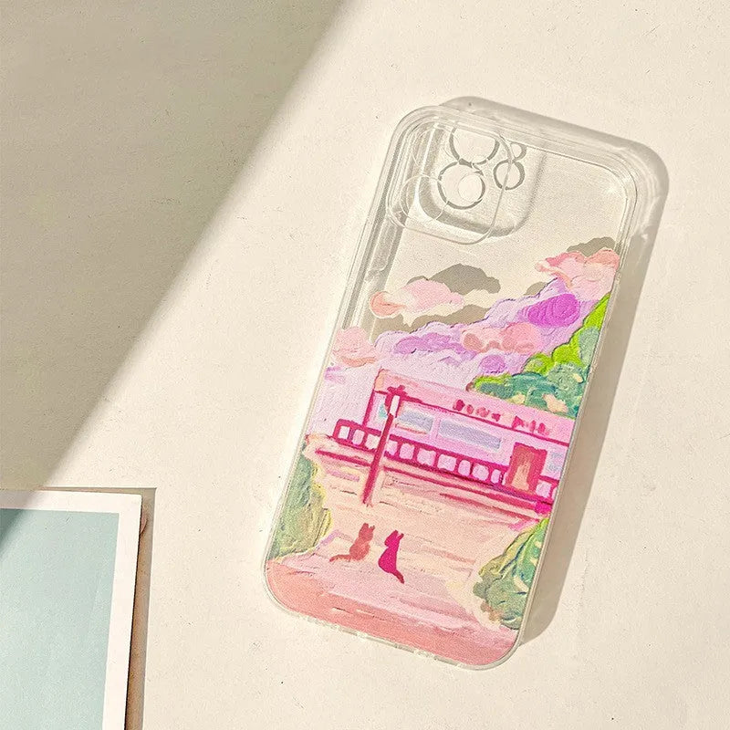Soft silicone iPhone case featuring a cartoon illustration of two cats on a white background.