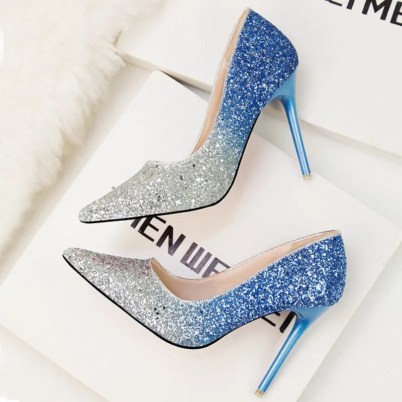 Women's pointed low-cut sequin stiletto heels in blue with rubber sole, size 34-39