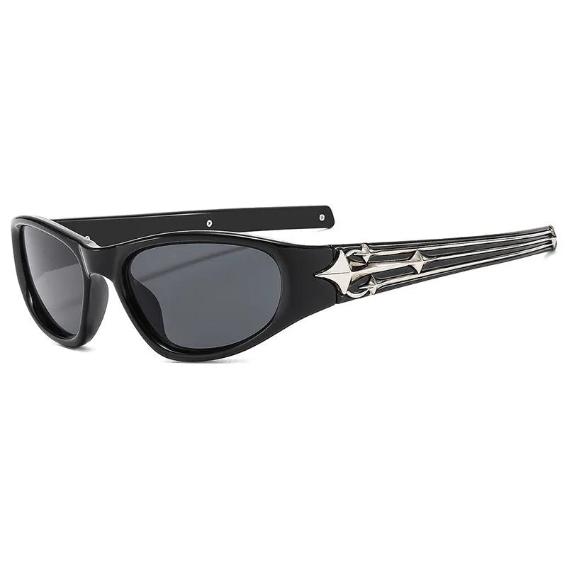 Polycarbonate windproof sunglasses in multiple colour options including black frame with blue lens.