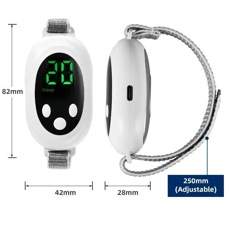 White sleep aid device with handheld remote control showing 20 gear settings and USB charging port