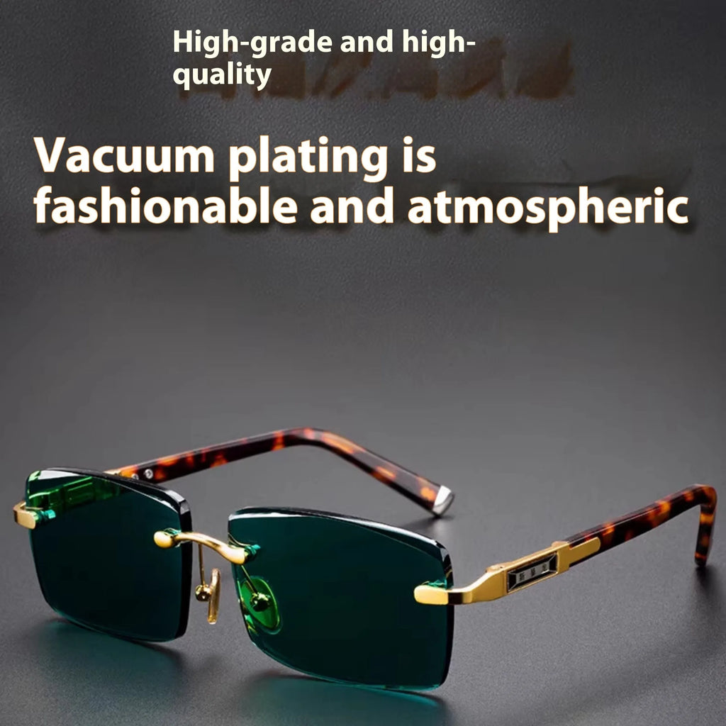Frameless dark green crystal sunglasses with a glasses case and cleaning cloth.