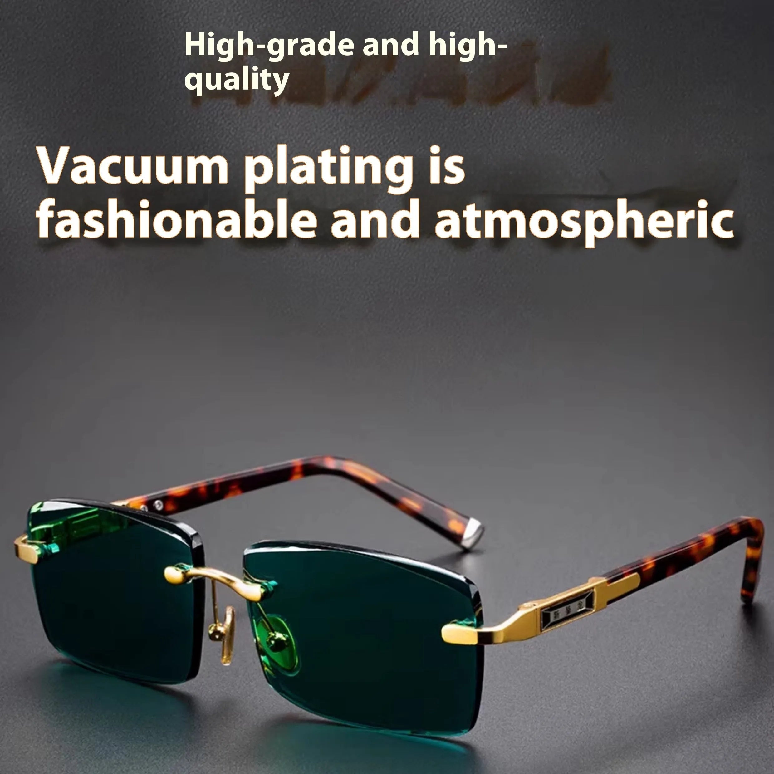 Frameless dark green crystal sunglasses with a glasses case and cleaning cloth.