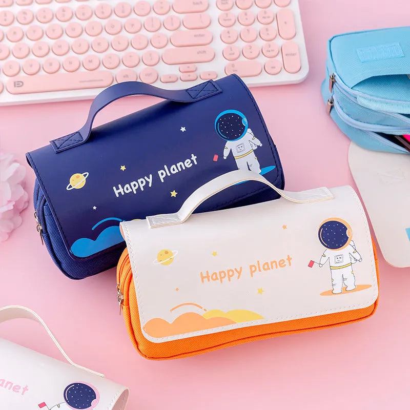 Large-capacity canvas pencil case with hand-painted cartoon pattern, flip-open design, 21x10cm size, available in blue colour