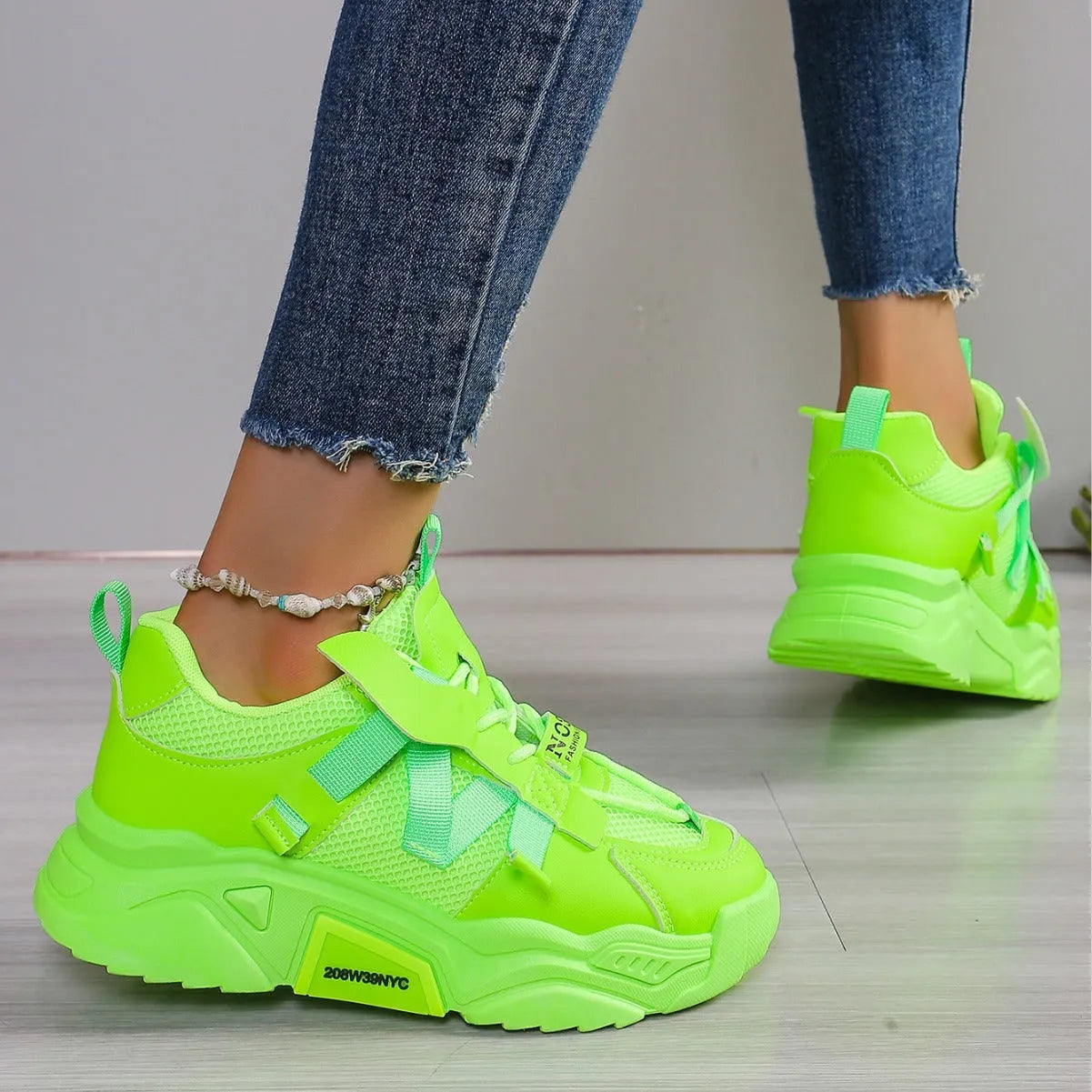 Women's platform mesh dad shoes in purple, green, white, pink, or yellow with front lace-up fastening