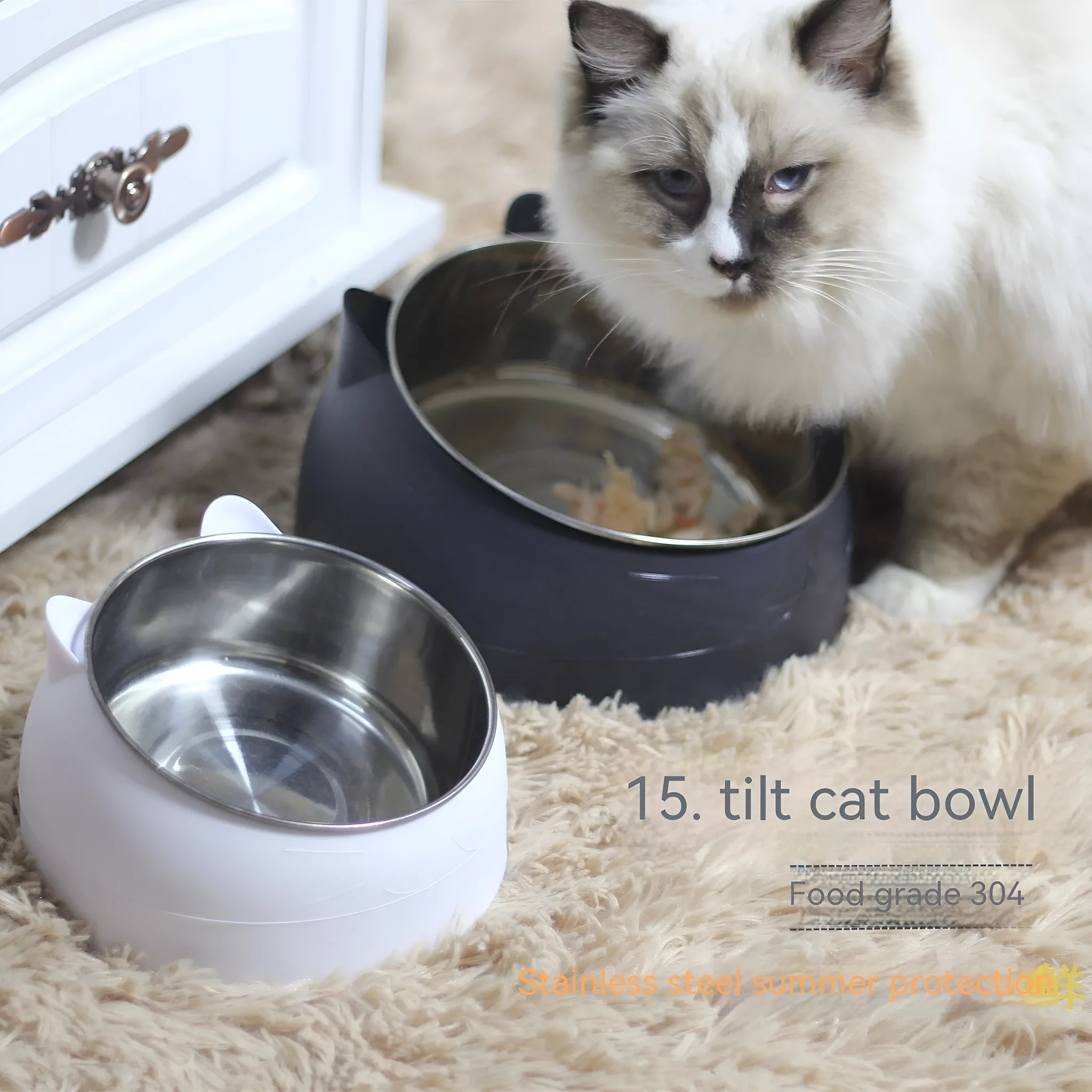 Stainless steel double bowl cat bowl with oblique mouth, available in 200ml and 400ml, Matcha Green colour option