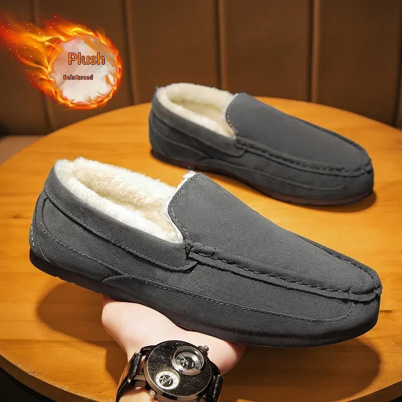 Men's loafer-style casual slip-on shoes with synthetic PU upper in black, round toe design