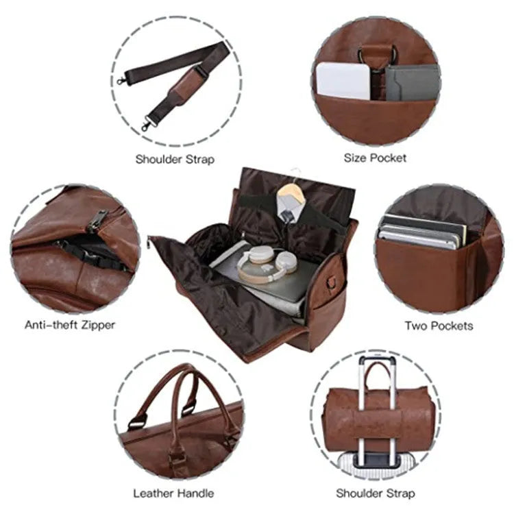 Convertible travel carry-on bag in waterproof PU leather, 36-55L capacity, shown in black with retro styling