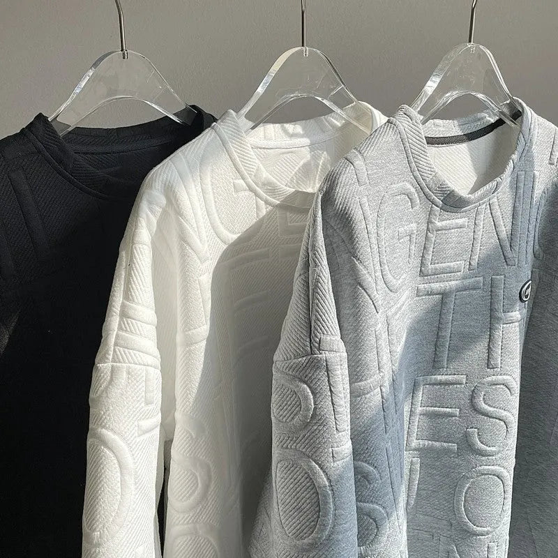 Men's grey retro letter print T-shirt with three-dimensional design and loose fit