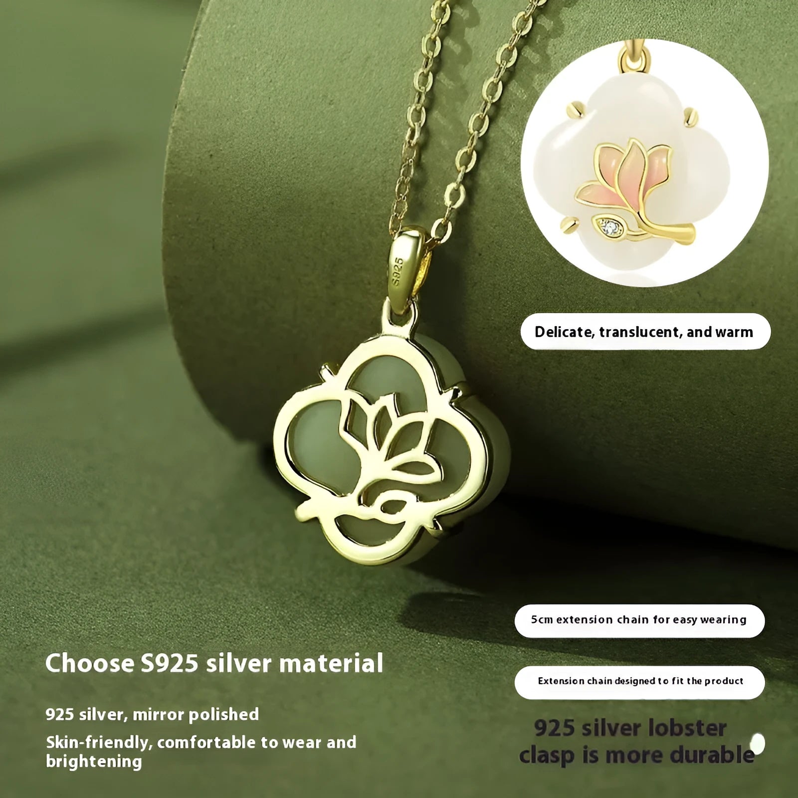 Magnolia Hetian jade jewellery set with sterling silver necklace, bracelet and earrings in New Chinese style