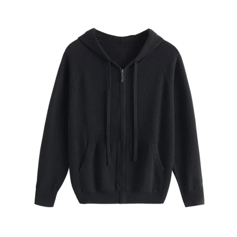 Man wearing a grey zip-up hooded cardigan, knitted cashmere blend, light business style.