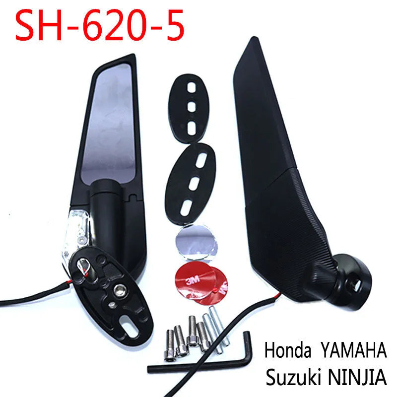 Motorcycle spoiler rearview mirror with yellow LED light, aluminium alloy construction, white convex lens