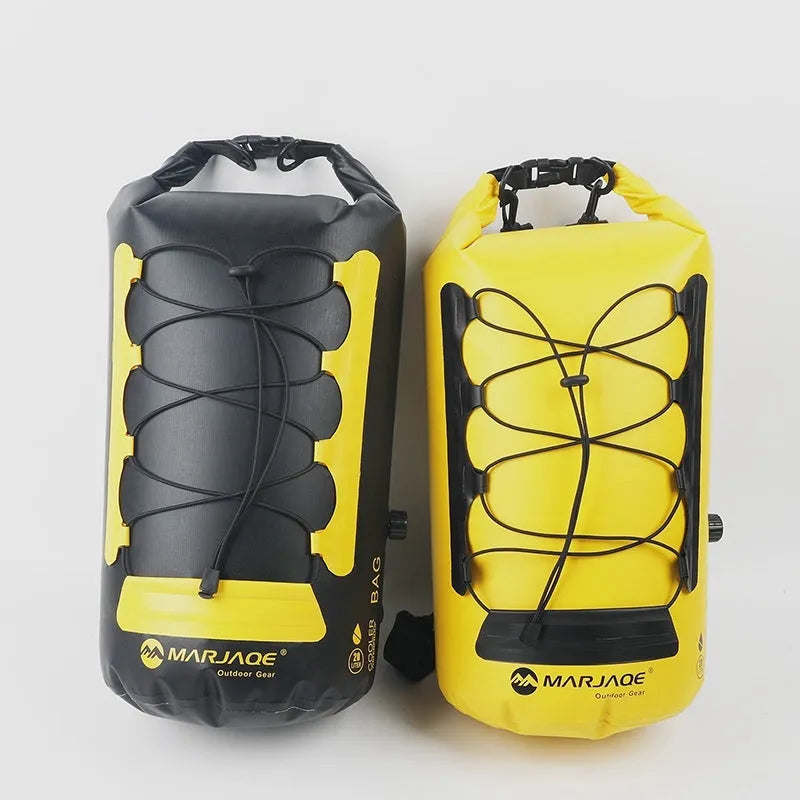Yellow and black PVC dry bag with 20L capacity showing wet/dry separation compartments for water sports