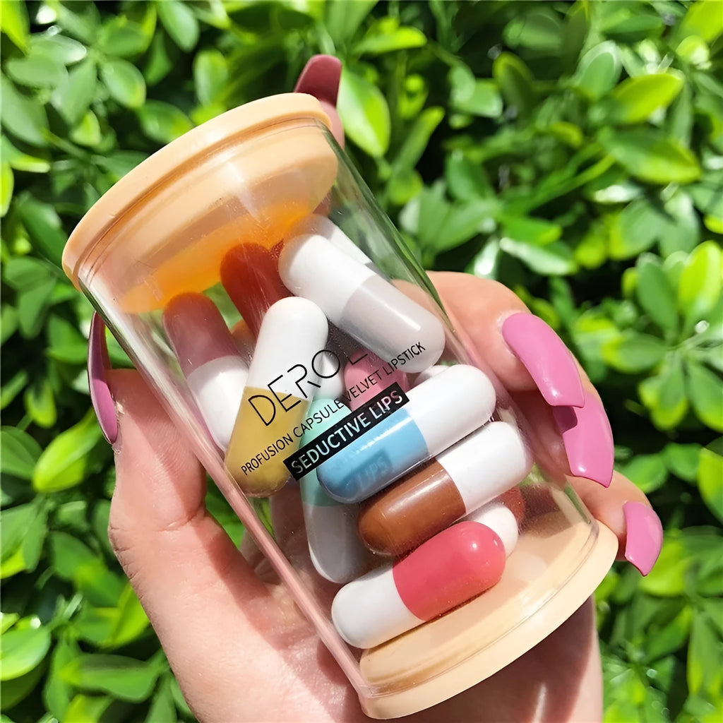 16-piece mini capsule velvet lipstick set in canned pill container with assorted colours