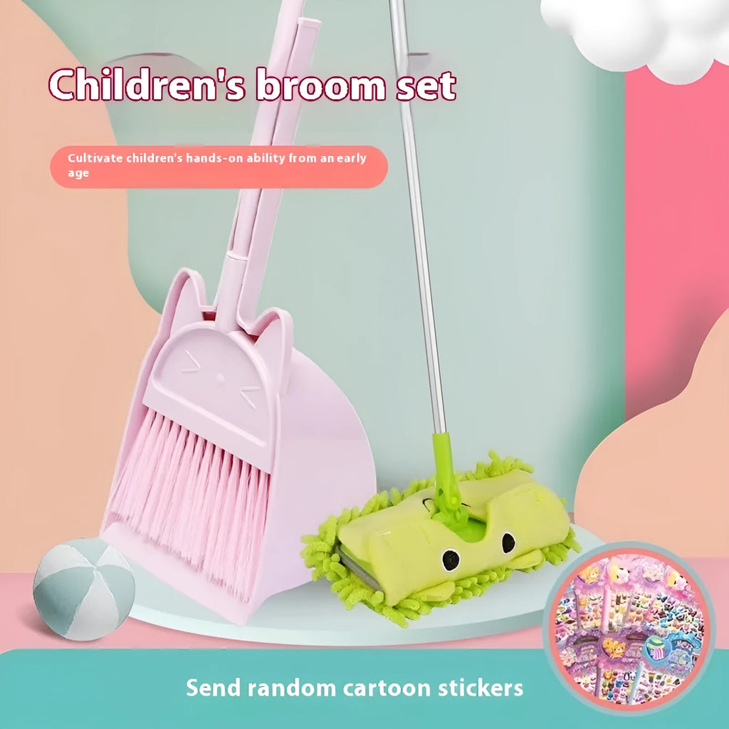 Purple, green and beige broom with dustpan set featuring rotating brush holder