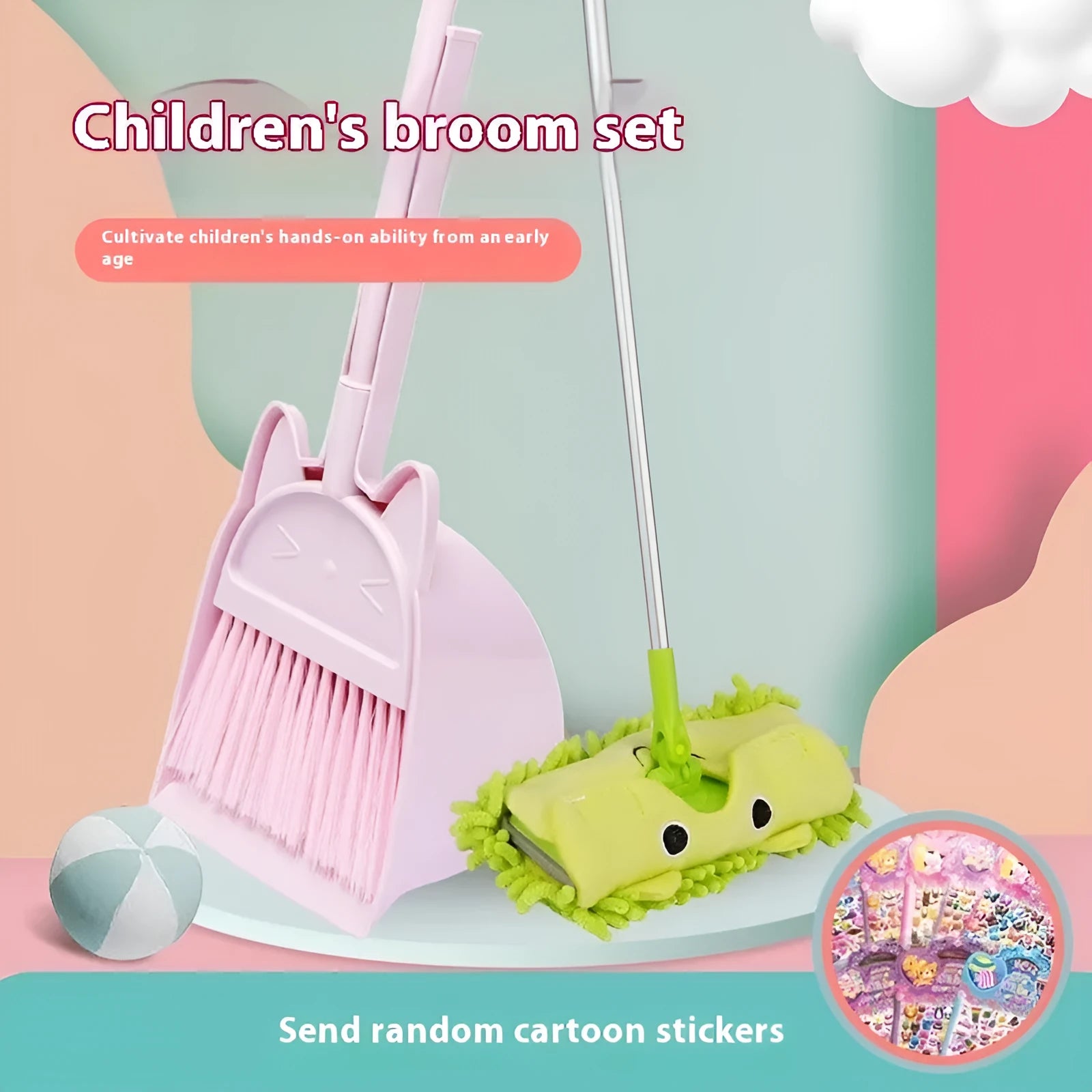 Purple, green and beige broom with dustpan set featuring rotating brush holder