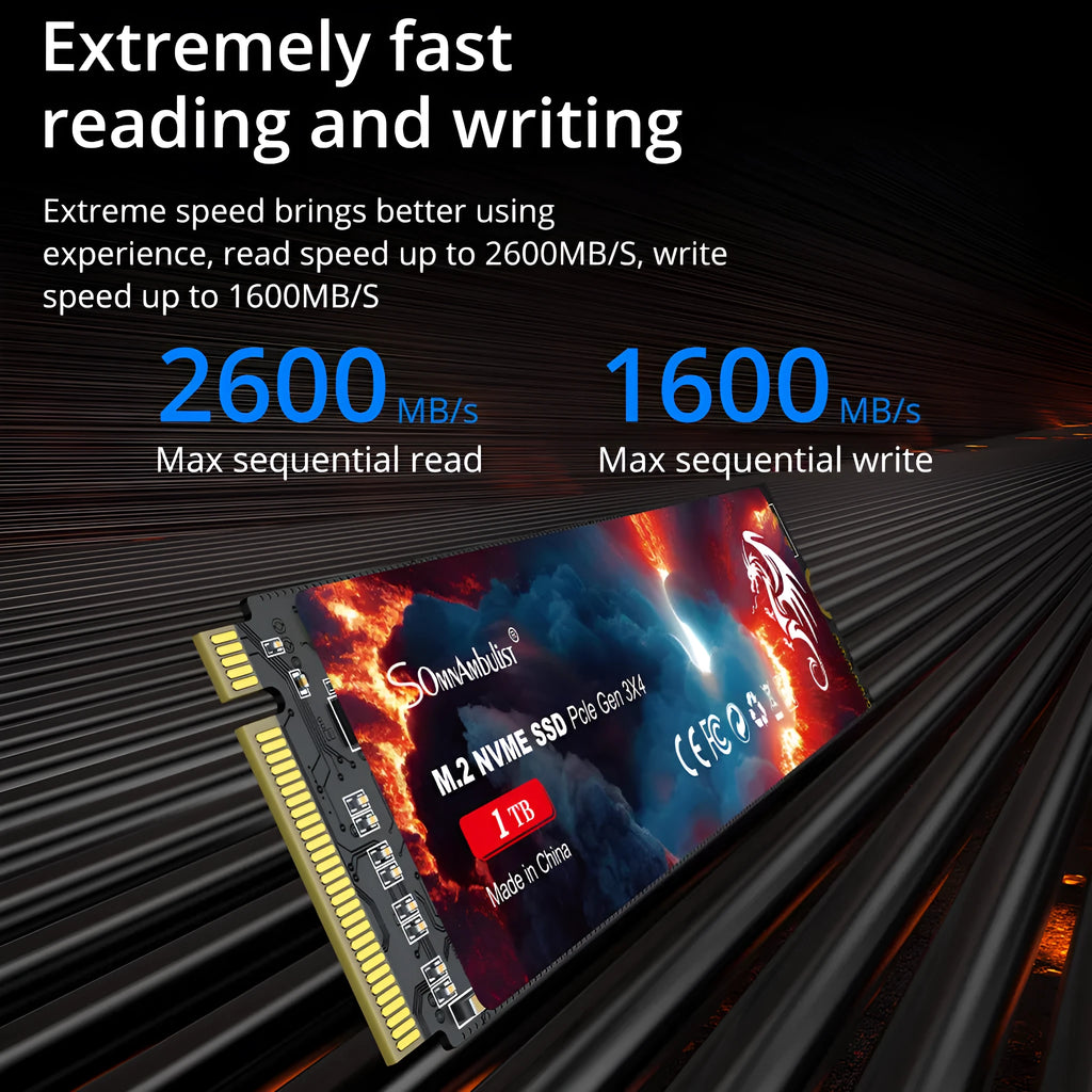 M.2 2280 form factor NVMe solid state drive for desktop computer installation.