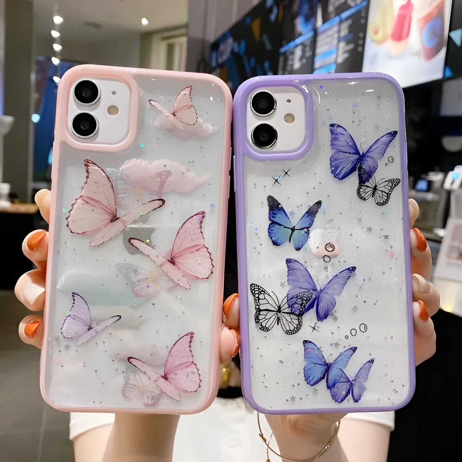 Pink epoxy glitter butterfly TPU phone case for iPhone with anti-fall back cover visible