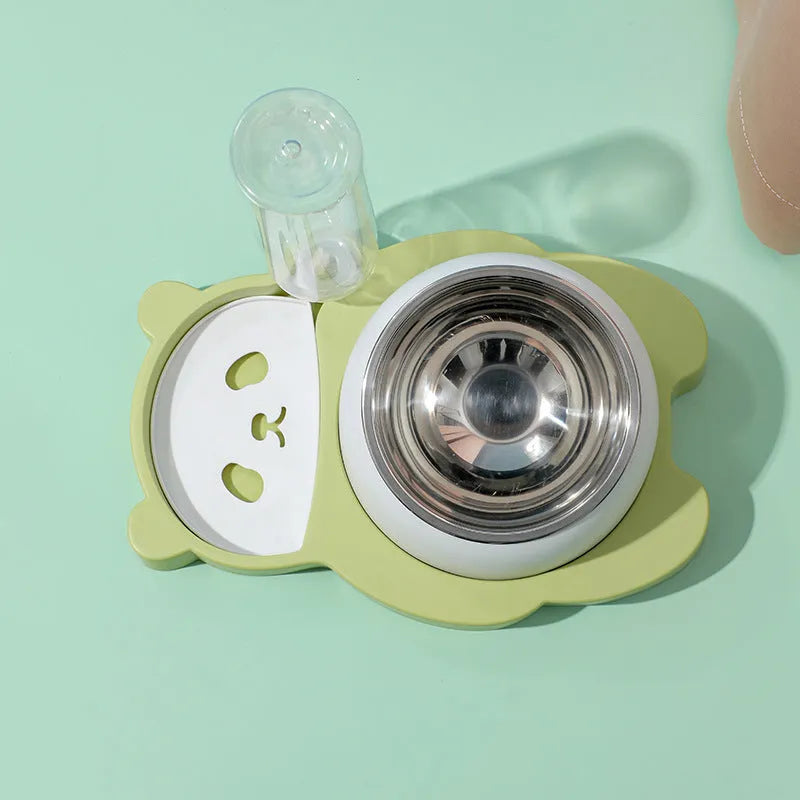 Grey panda-design automatic pet feeder with water bottle and tilted stainless steel bowls