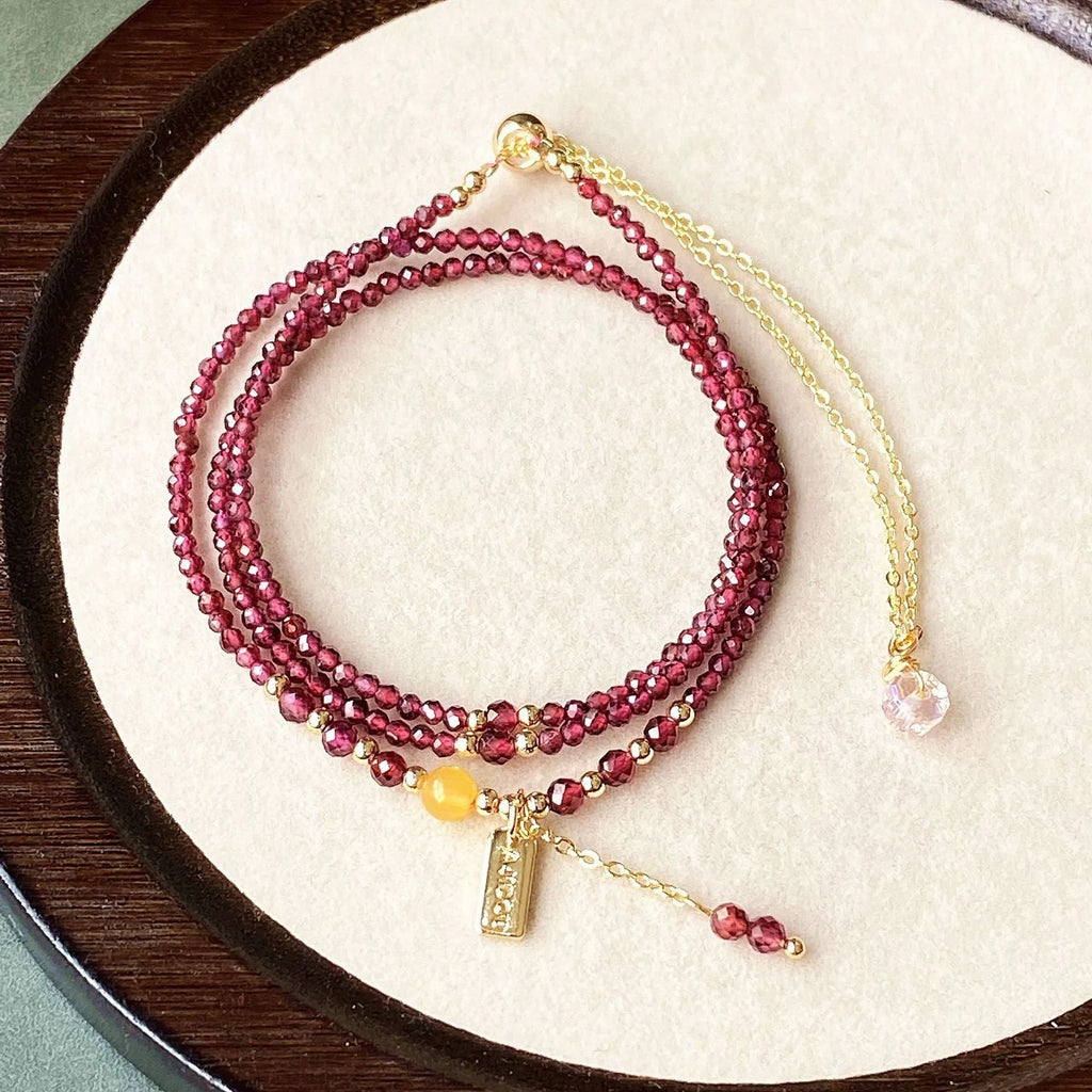 Wine red garnet three circle bracelet and necklace set with 2.5mm electroplated beads
