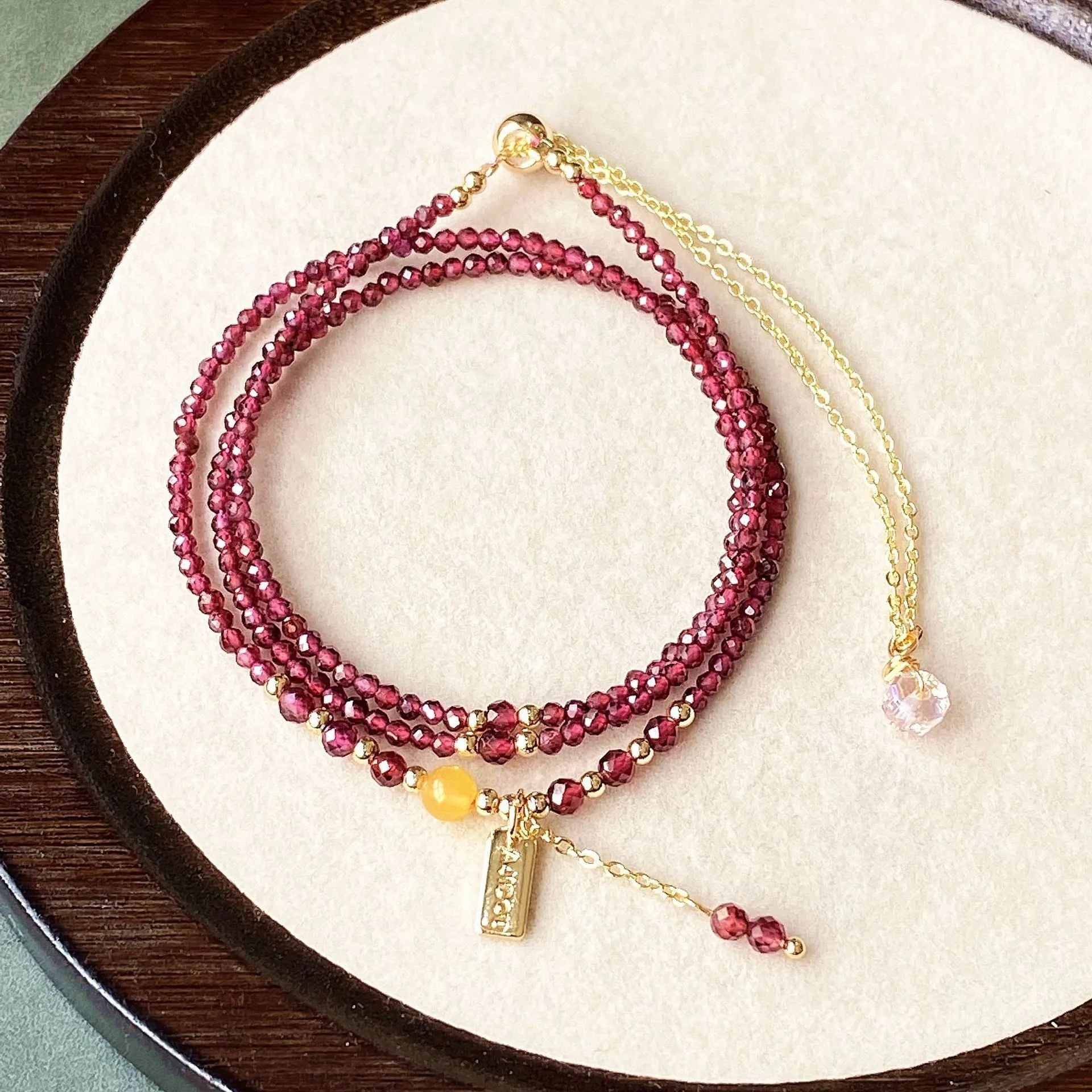 Wine red garnet three circle bracelet and necklace set with 2.5mm electroplated beads