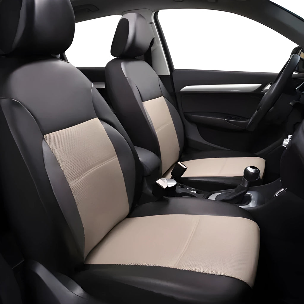Set of black artificial leather car seat covers for front and rear seats with headrest covers and hooks.