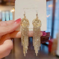 Light luxury tassel long earrings for women, geometric design, alloy with electroplated finish.