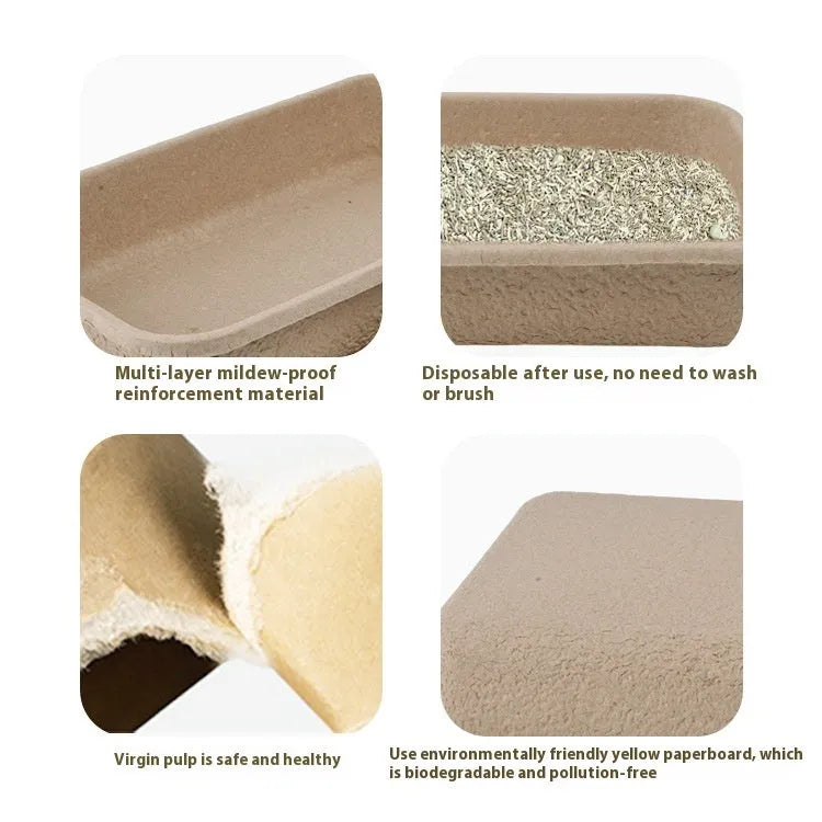 Brown biodegradable disposable cat litter box shown in three available sizes for small cats.